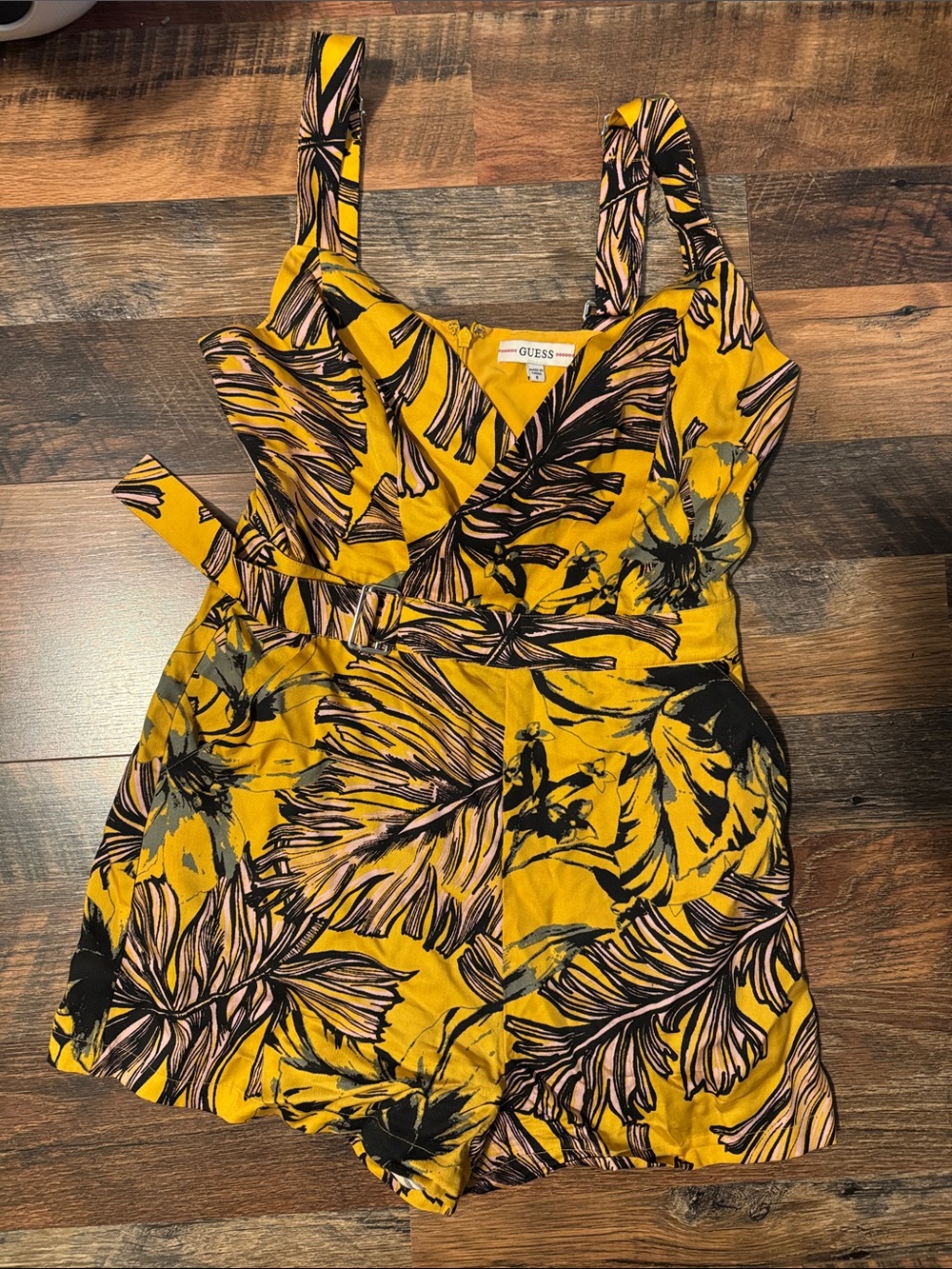 Guess Yellow Floral Print One-Piece Romper with Pockets